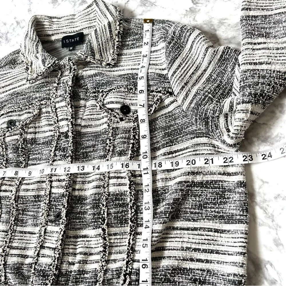 1. State Black Cream Fringe Tweed Button Front Long Sleeve Blazer Jacket